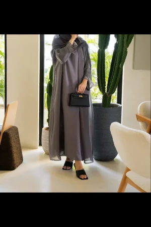 Model wearing a stunning grey abaya
