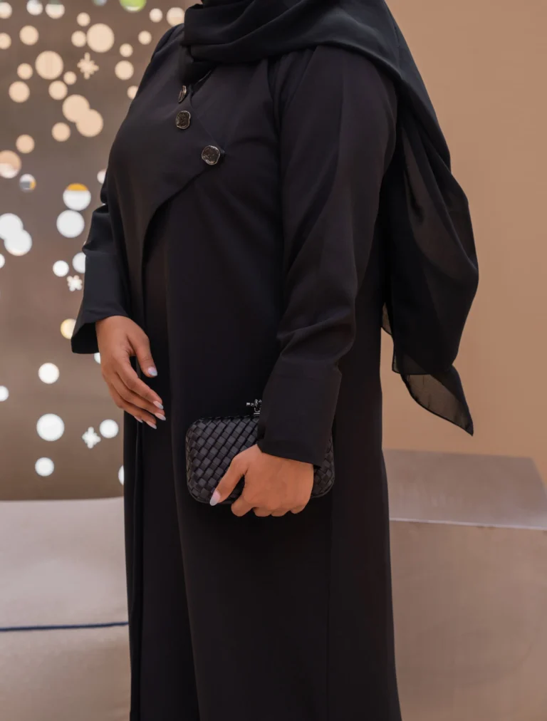 side view of a woman wearing an elegant black colored coat abaya