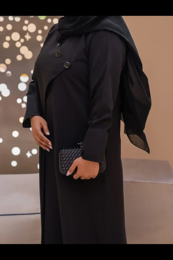 side view of a woman wearing an elegant black colored jacket abaya