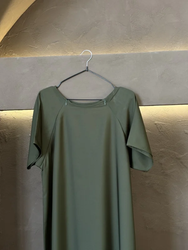 Chic seaweed green nursing-friendly inner dress with hidden openings for on-the-go feeding.